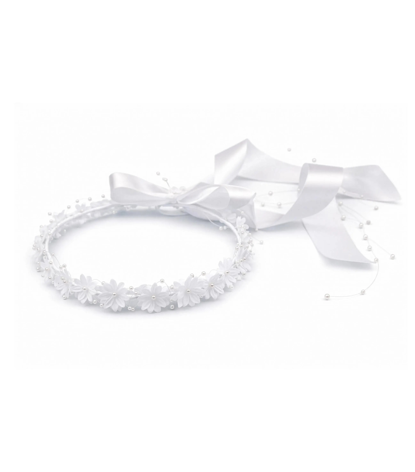 White Satin Floral Hair Crown for Girls, First Communion & Flower Girl