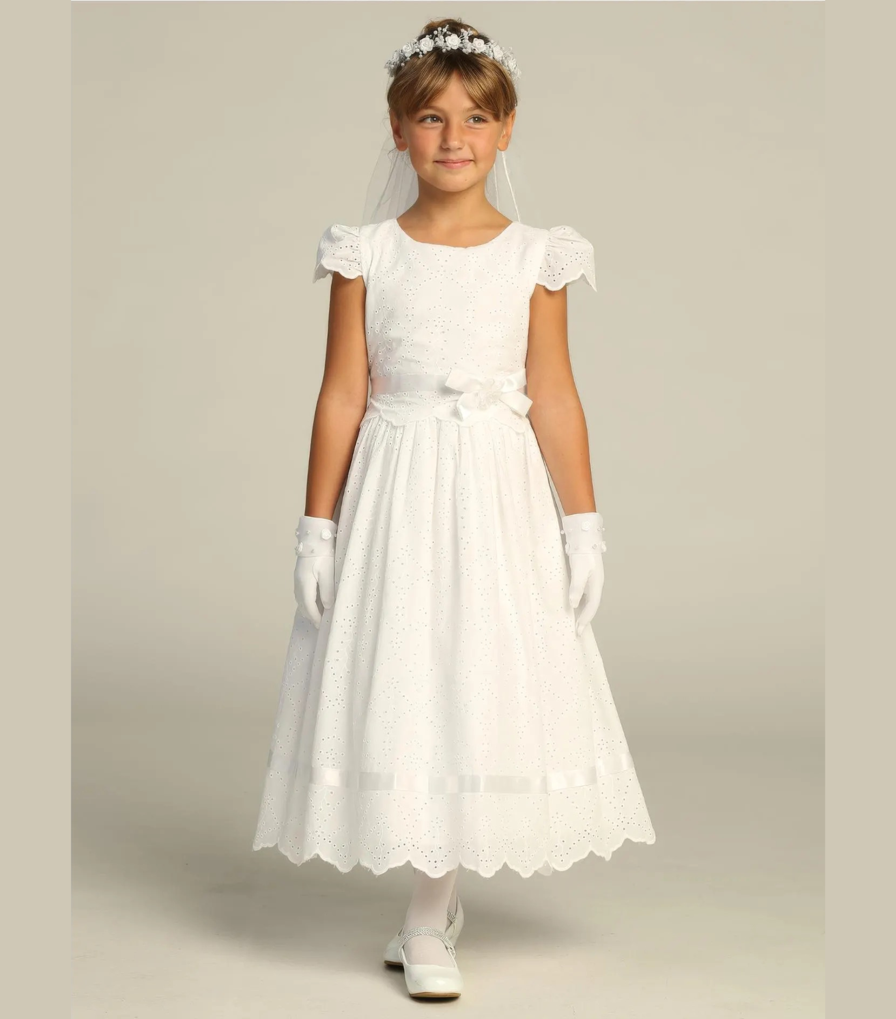 Victoria Cotton Blossom White Eyelet Dress – First Communion, Flower Girl, Baptism