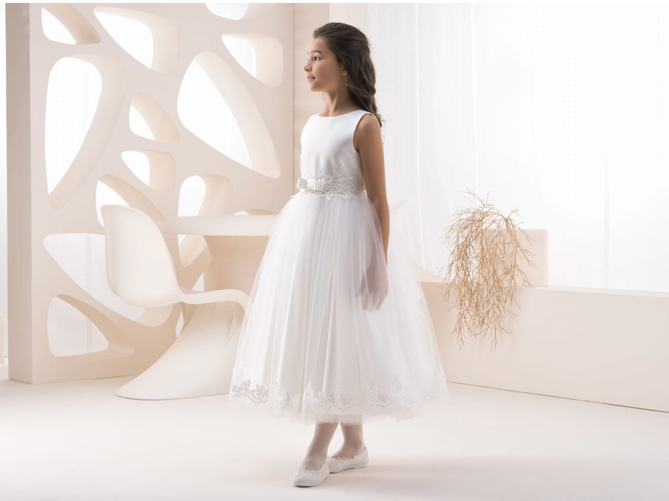Charlotte Style - White Satin First Communion Dress: Lace Embroidery & Peek a Look Boutique Charlotte Style - White Satin First Communion Dress: Lace Embroidery & Peek a Look Boutique