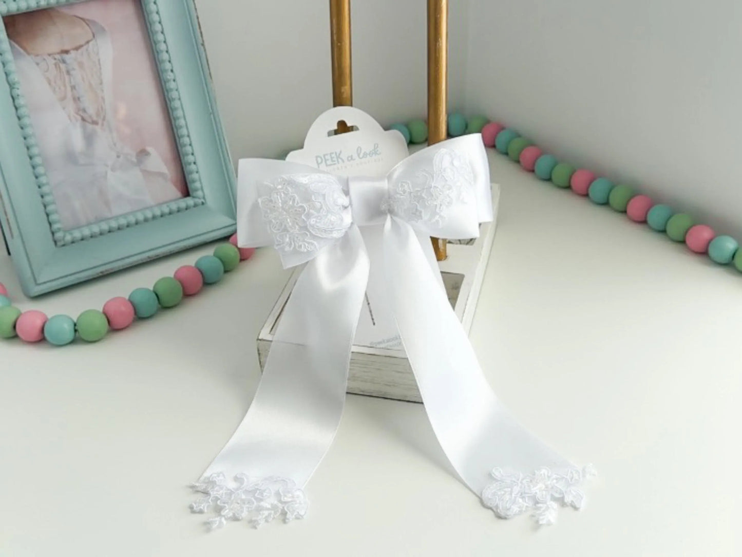 White Satin Hair Bow Clip: Long Lace & Sequins, Handmade USA
