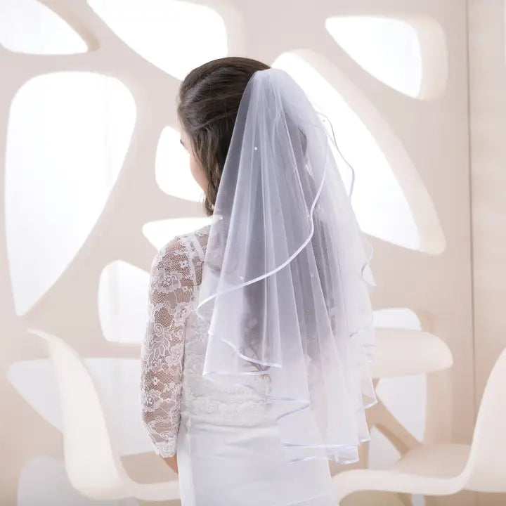 White Communion Veil: Girls' Tulle Veil with Pearls, Ribbon Edge