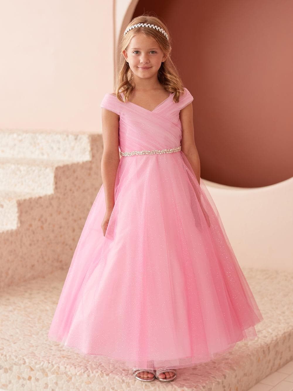 Ivory- Off White Glitter Tulle Ball Gown, Off-the-Shoulder Flower Girl Dress, Rhinestone Waist