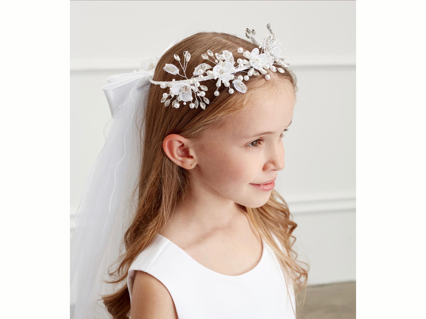 White Floral Hair Wreath Veil, Pearls Crystals, Flower Girl First Communion Headband