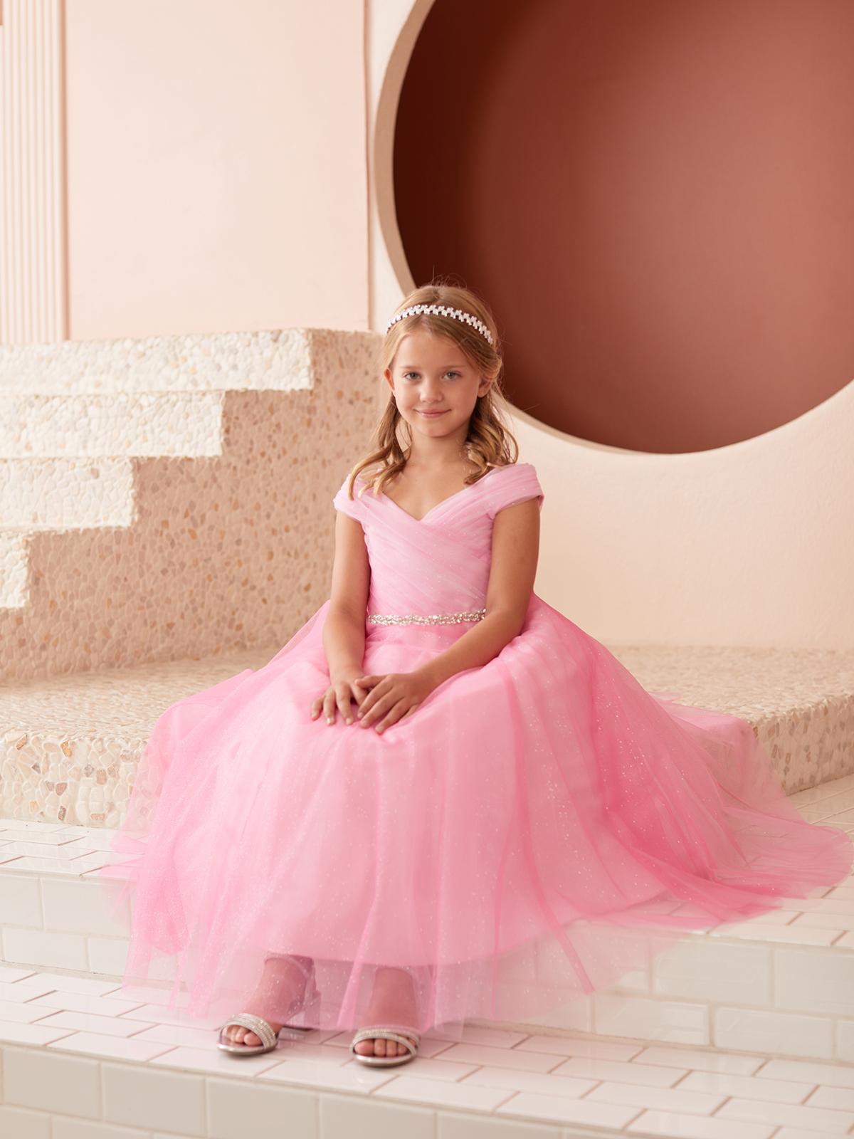 Hot Pink Glitter Tulle Ball Gown, Off-the-Shoulder Flower Girl Dress, Rhinestone Waist