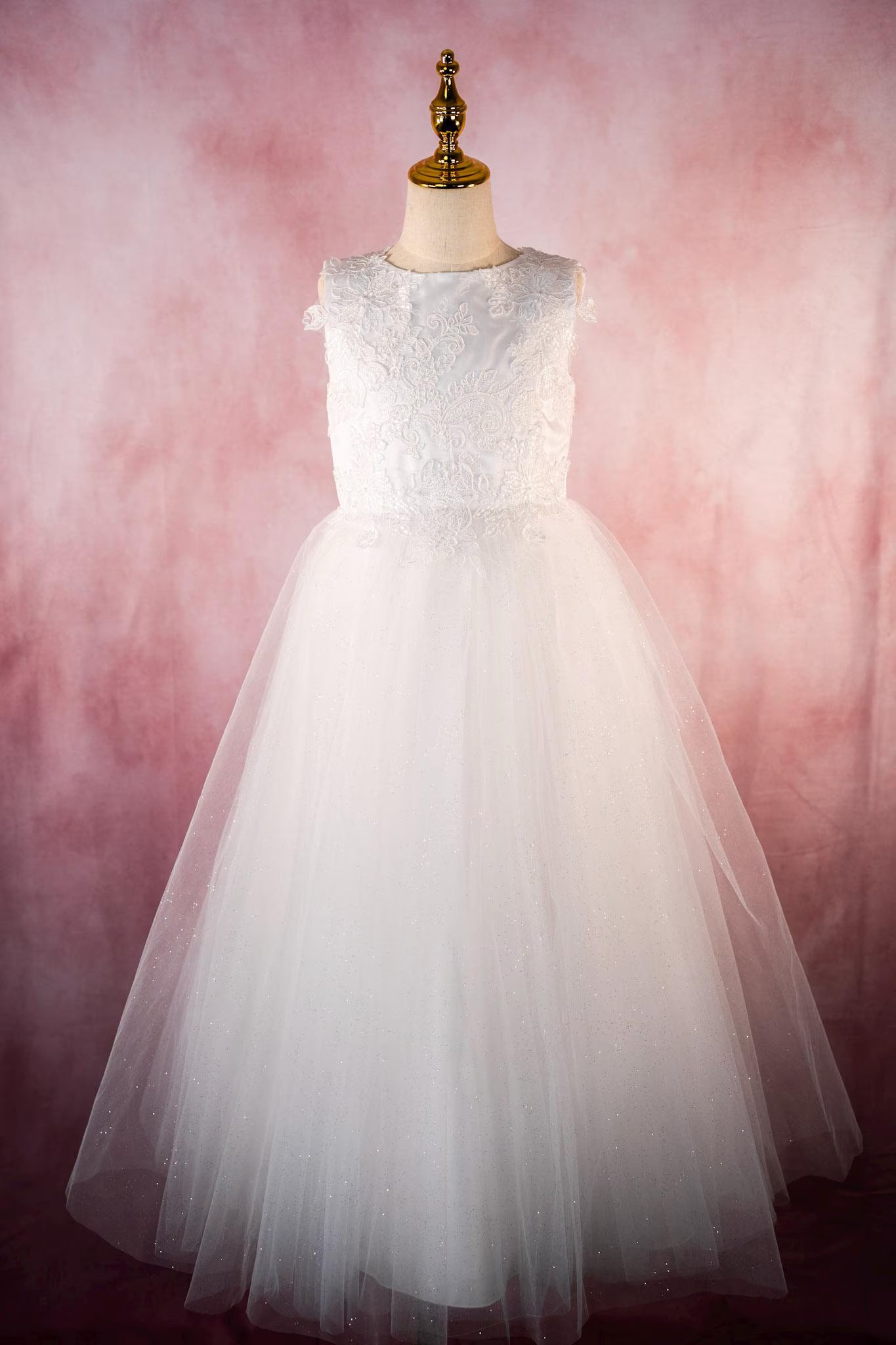 Danica Style - White Flower Girl / First Communion Dress: Lace Embroidery, Glitter Tulle Gown