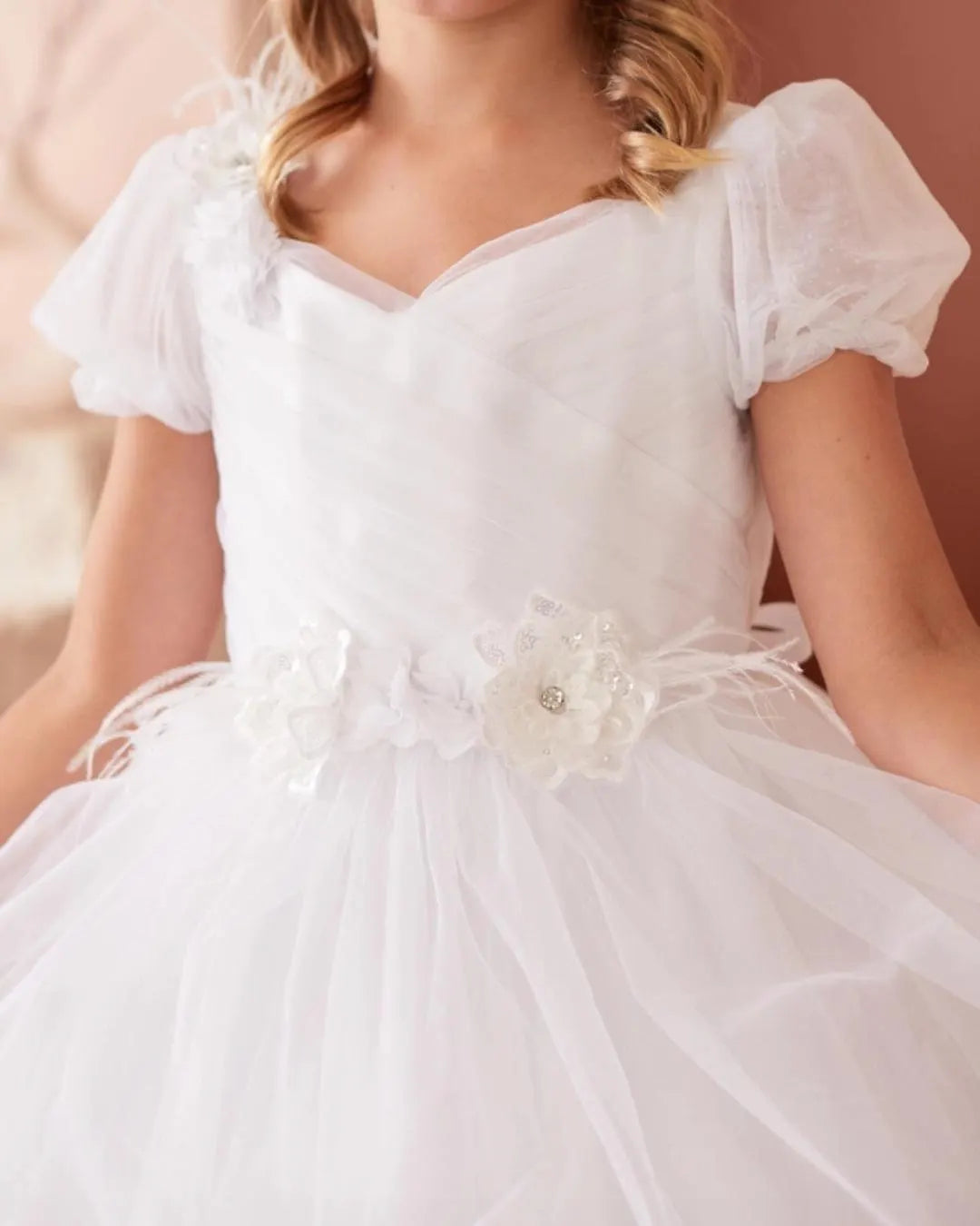 Hope Style - White Tulle First Communion Dress, Floral Accents, Special Occasion Gown