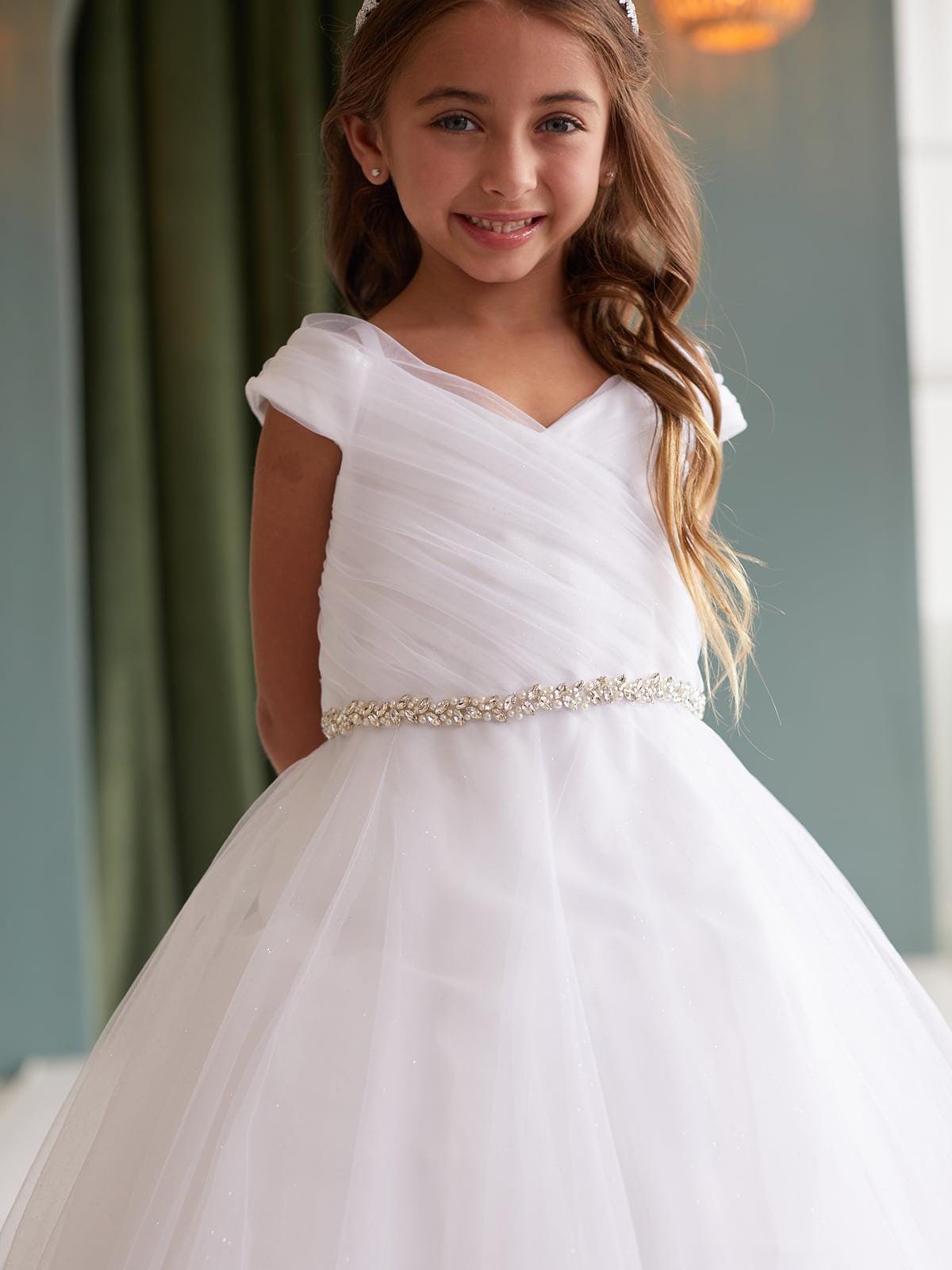 Ivory- Off White Glitter Tulle Ball Gown, Off-the-Shoulder Flower Girl Dress, Rhinestone Waist
