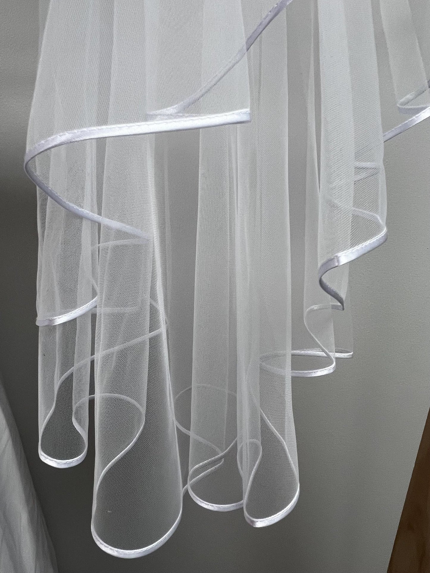 Soft Girl's First Communion Veil: White Tulle, Ribbon Edge, Comb (23")