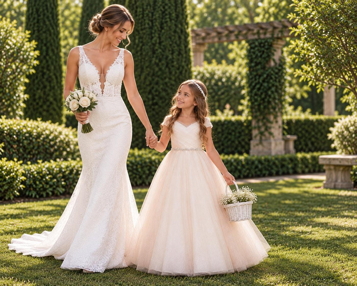 Rose Gold/Champagne Glitter Tulle Ball Gown, Off-the-Shoulder Flower Girl Dress, Rhinestone Waist