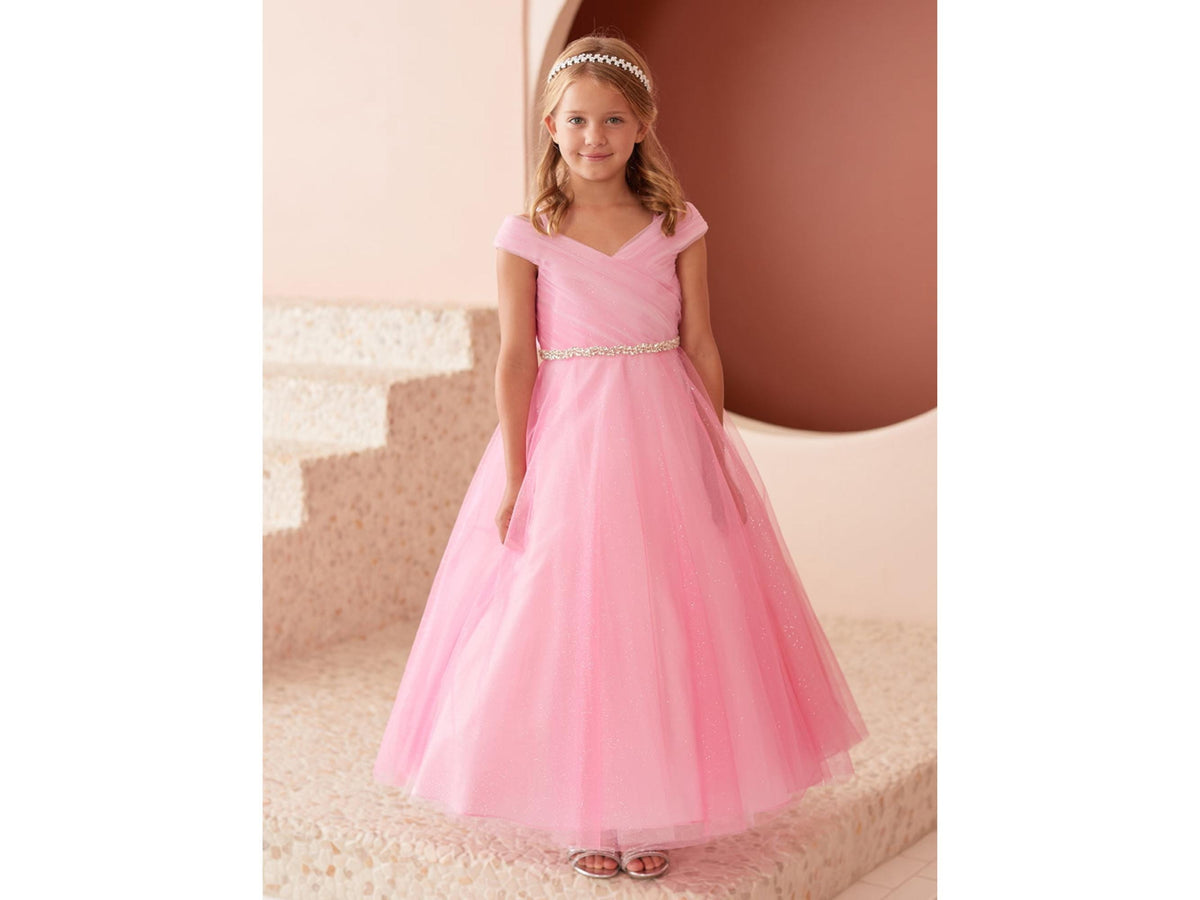Hot Pink Glitter Tulle Ball Gown, Off-the-Shoulder Flower Girl Dress, Rhinestone Waist