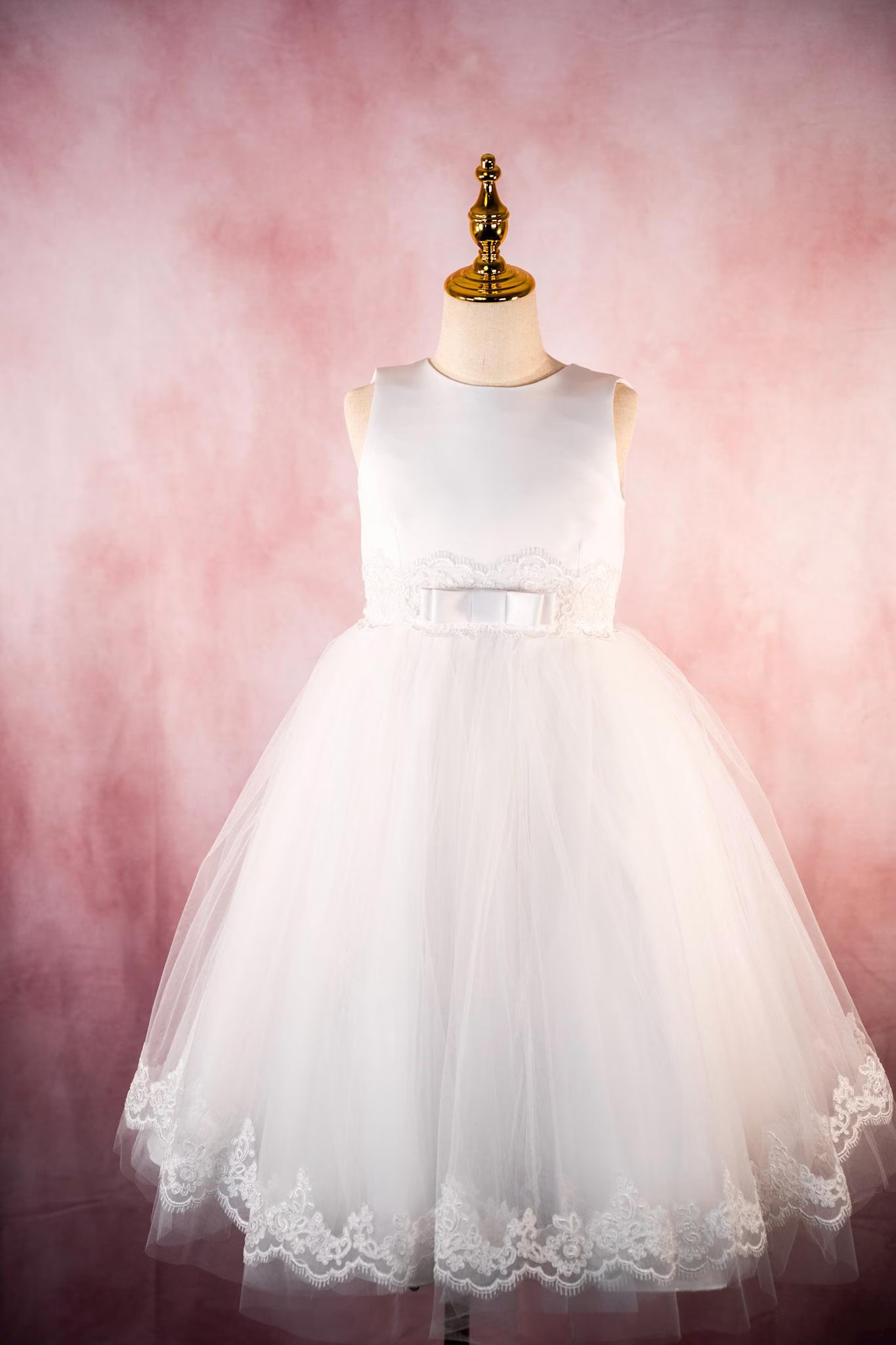 Charlotte Style - White Satin First Communion Dress: Lace Embroidery & Tulle Flower Girl Gown