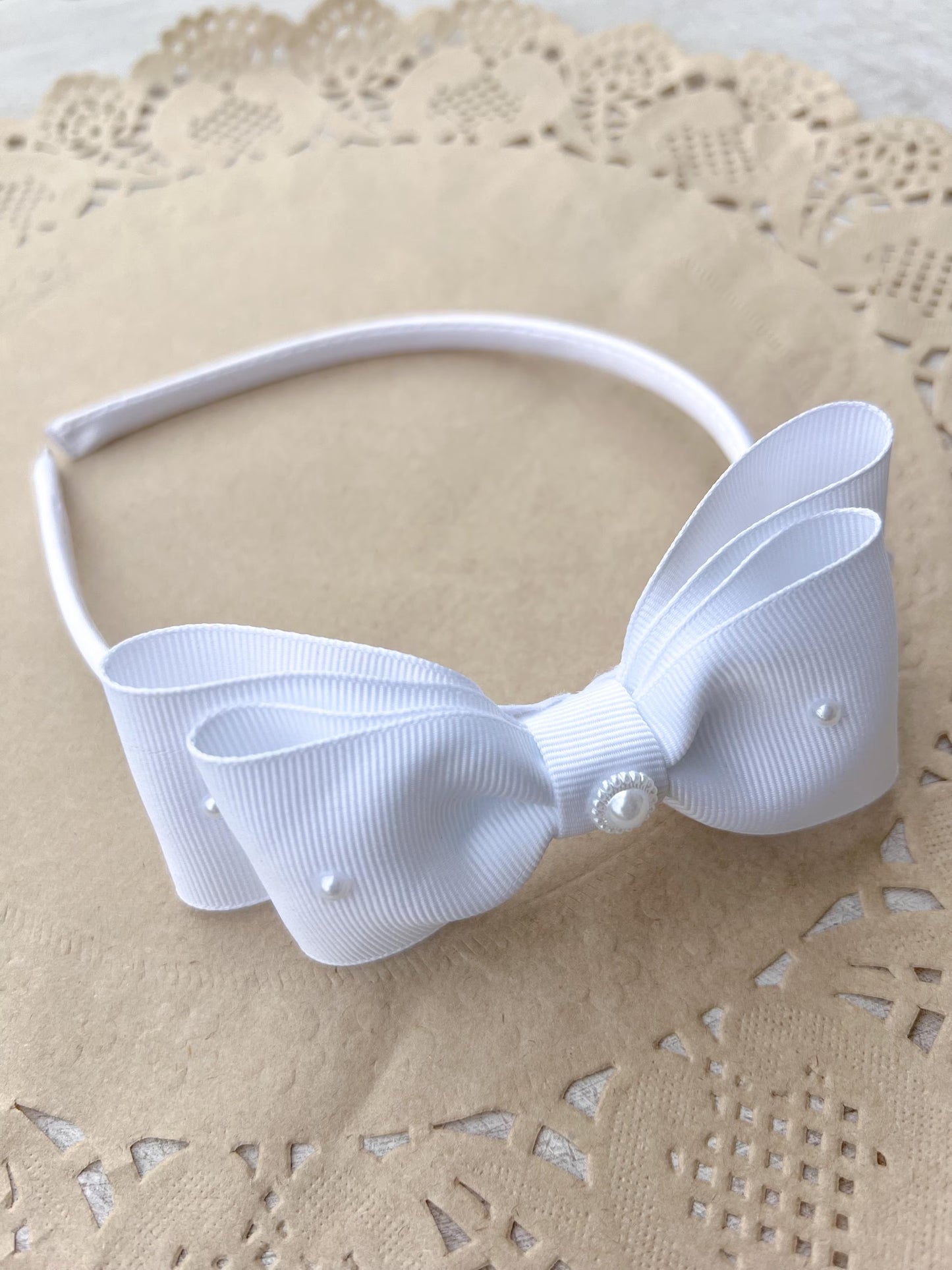 White Pearl Bow Headband, Grosgrain & Satin Ribbon, Communion Flower Girl