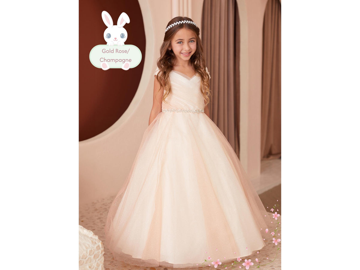 Rose Gold/Champagne Glitter Tulle Ball Gown, Off-the-Shoulder Flower Girl Dress, Rhinestone Waist