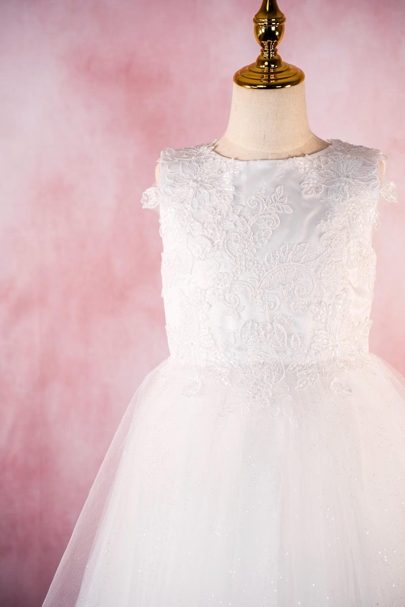 Danica Style - White Flower Girl / First Communion Dress: Lace Embroidery, Glitter Tulle Gown