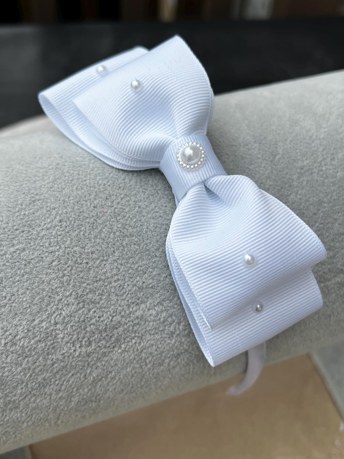 White Pearl Bow Headband, Grosgrain & Satin Ribbon, Communion Flower Girl