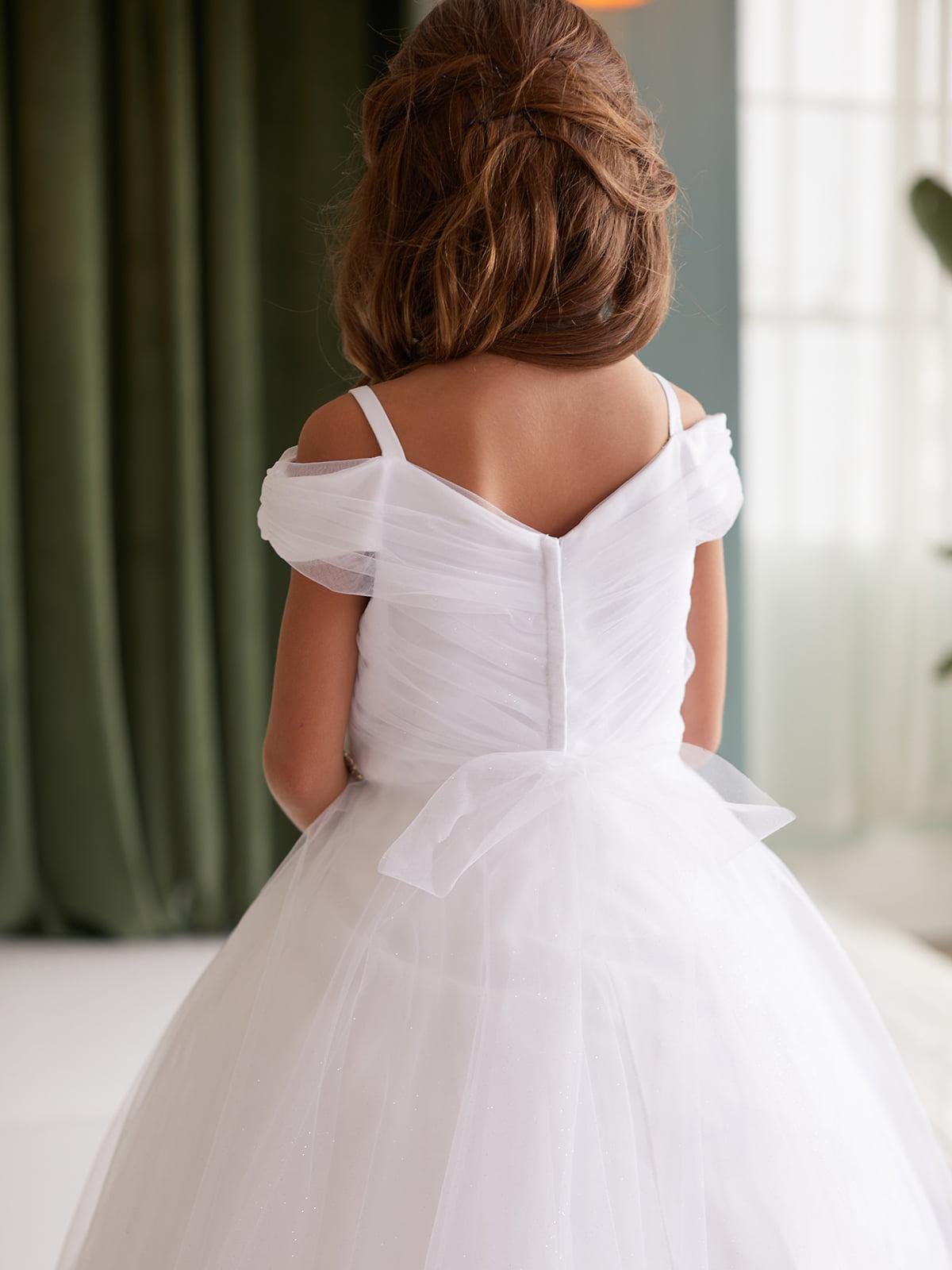 Lilac Glitter Tulle Ball Gown, Off-the-Shoulder Flower Girl Dress, Rhinestone Waist