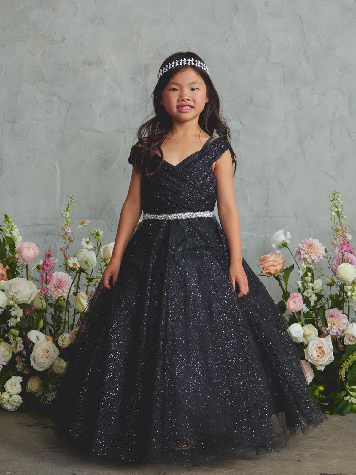 Black Glitter Tulle Ball Gown, Off-the-Shoulder Flower Girl Dress, Rhinestone Waist
