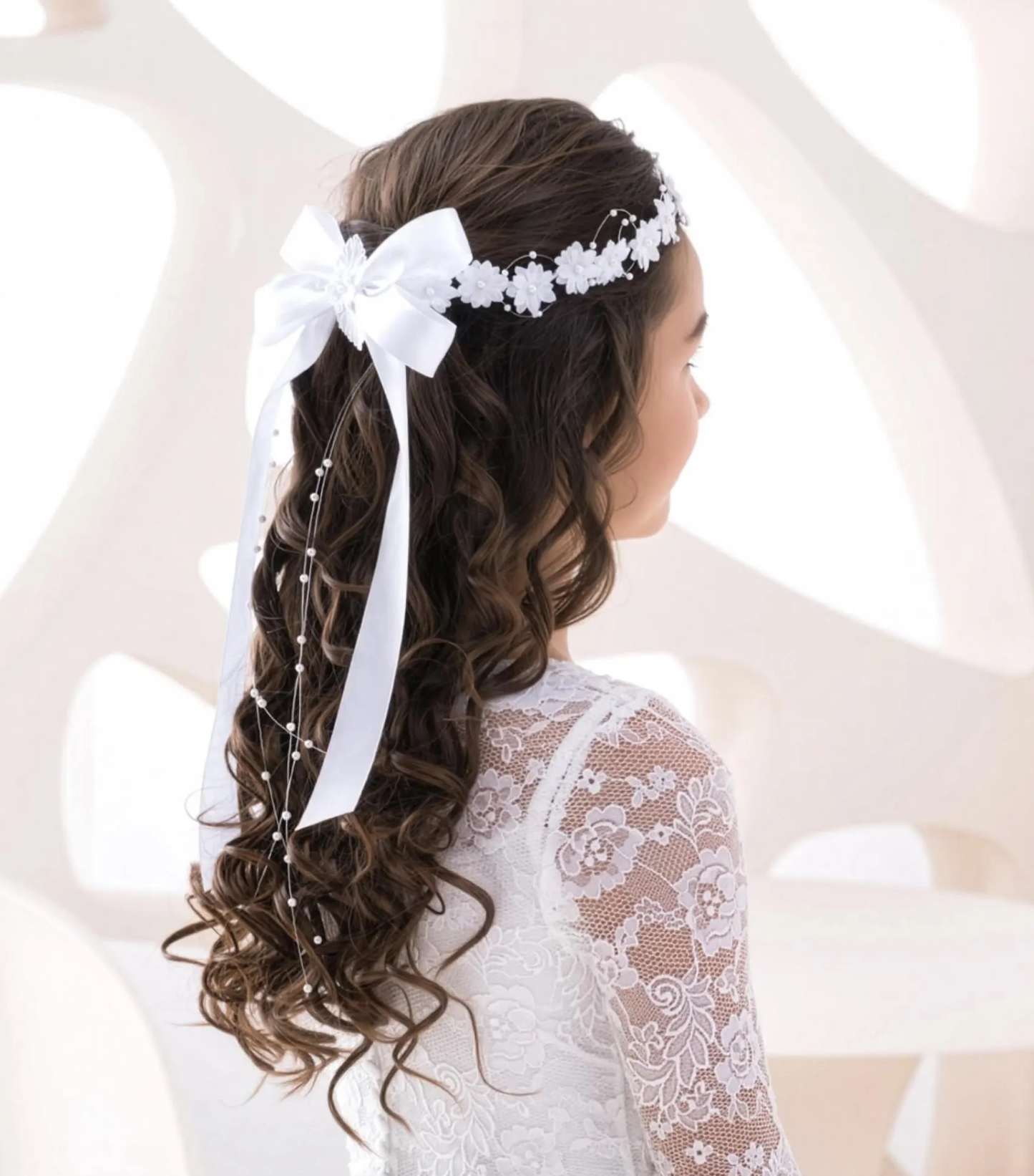 White Satin Floral Hair Crown for Girls, First Communion & Flower Girl