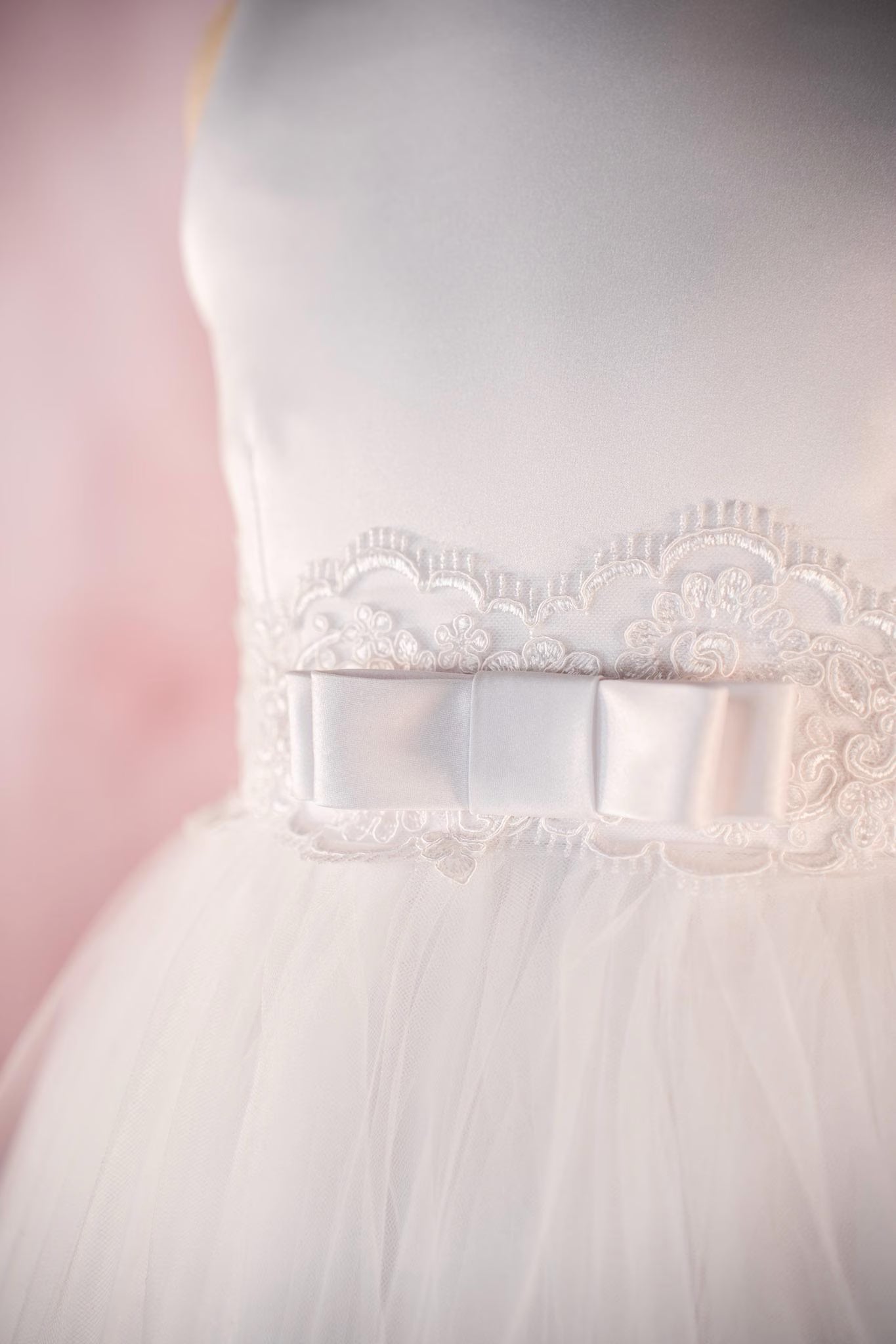Charlotte Style - White Satin First Communion Dress: Lace Embroidery & Tulle Flower Girl Gown
