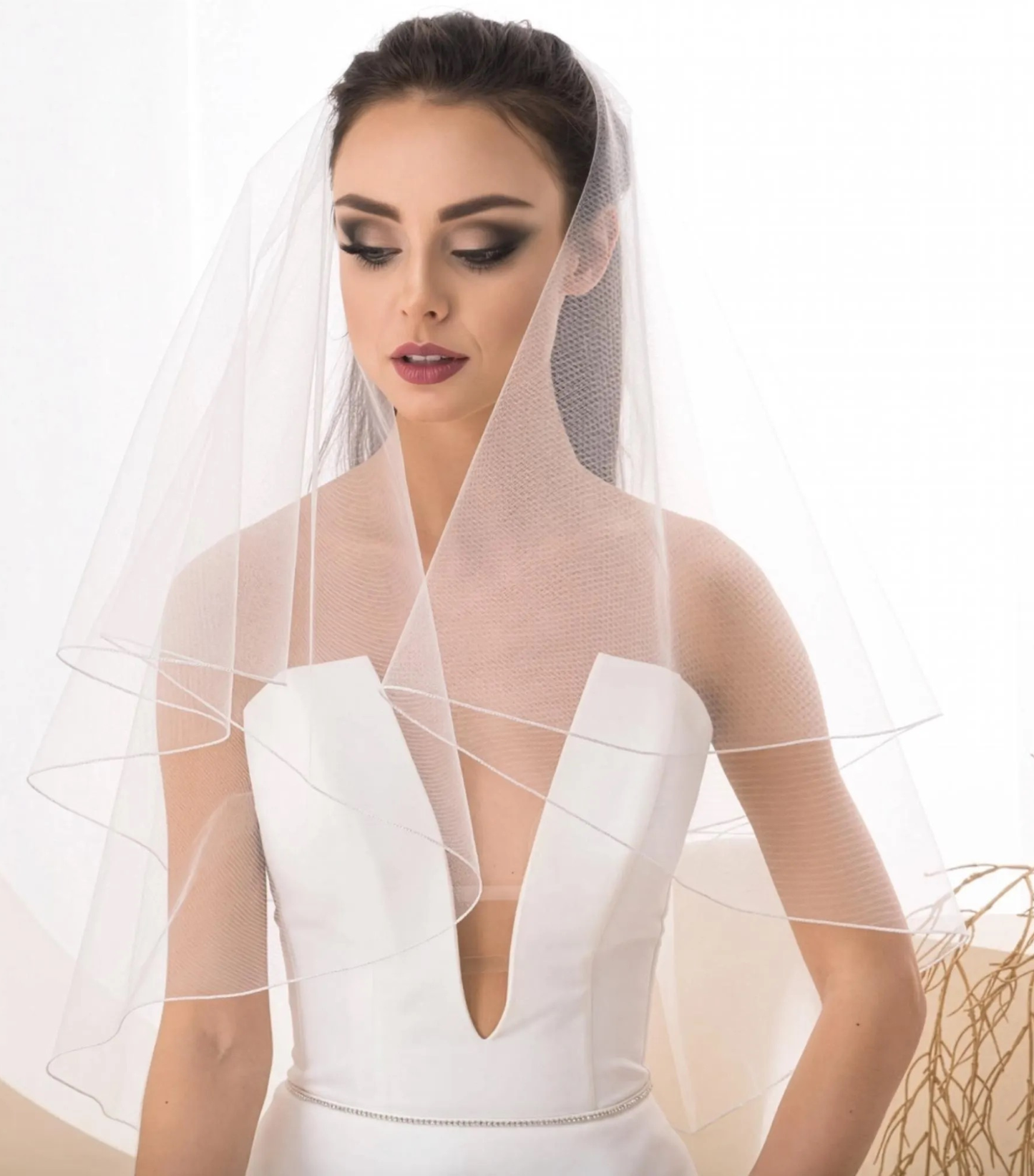 Short White Tulle Bridal Veil with Silver Edge – Double Layer Minimal Wedding Veil