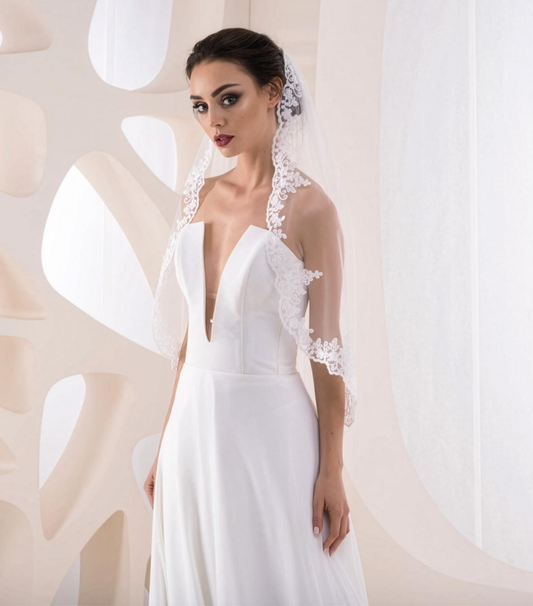 Elegant White Mantilla Veil with Floral Lace Edges | Bridal Headpiece