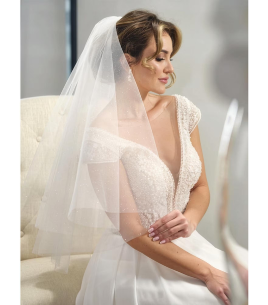 White Glitter Tulle Wedding Veil, 23.5” Short Bridal Veil with Comb