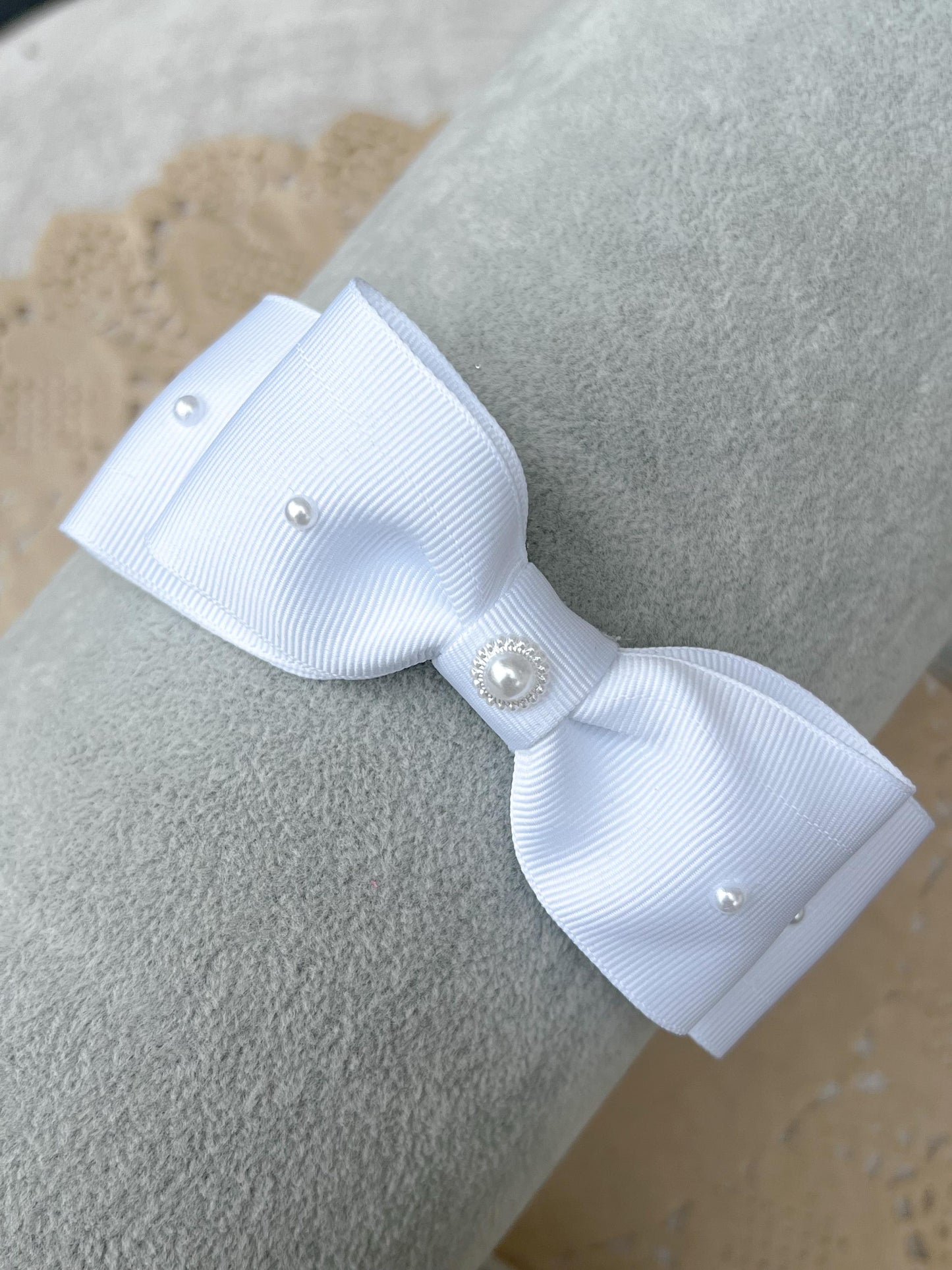 White Pearl Bow Headband, Grosgrain & Satin Ribbon, Communion Flower Girl