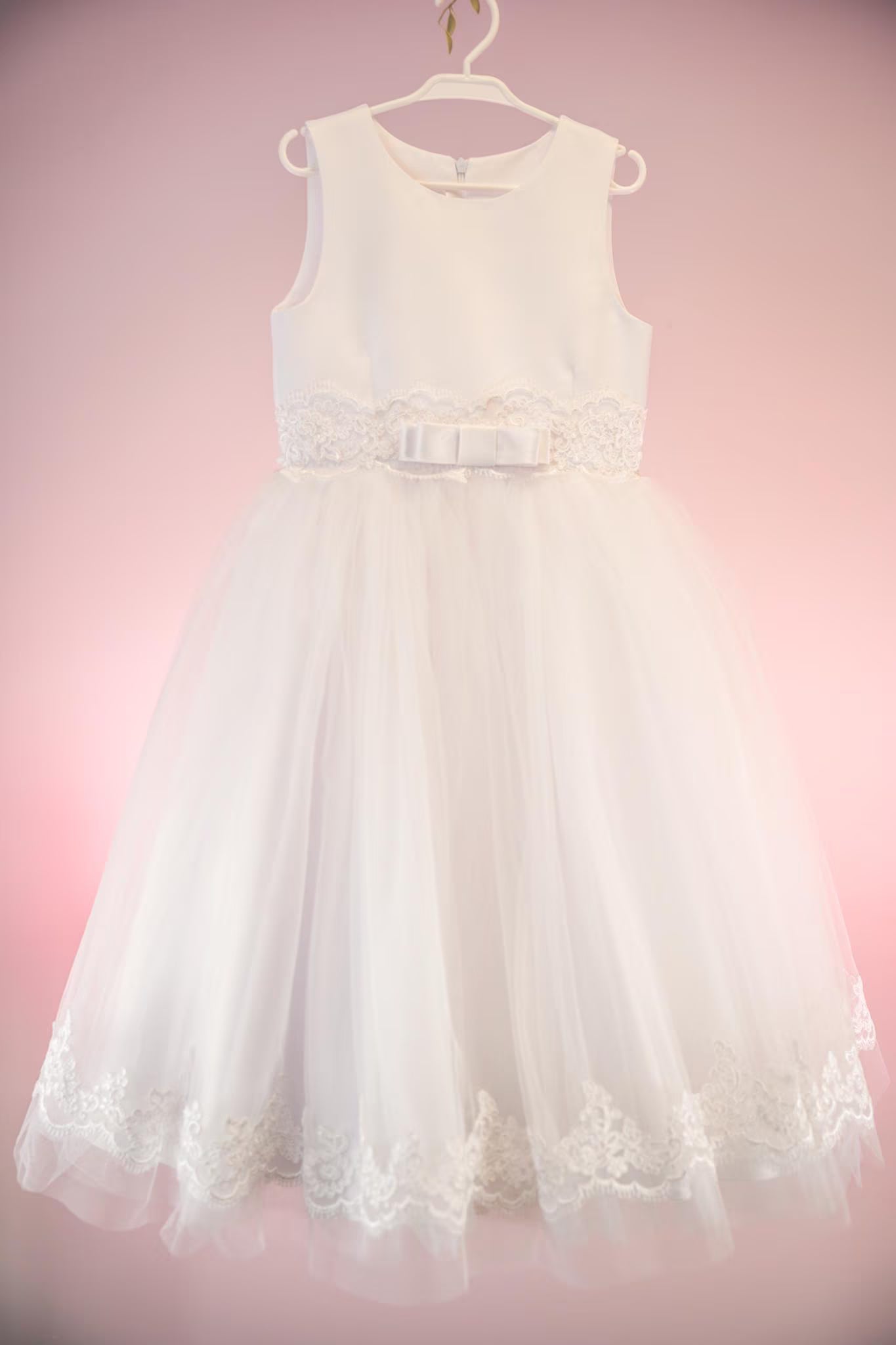 Charlotte Style - White Satin First Communion Dress: Lace Embroidery & Tulle Flower Girl Gown