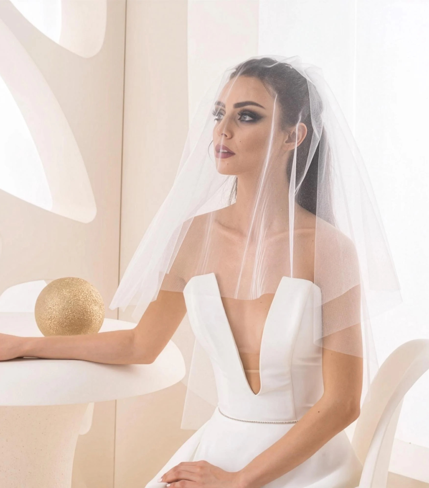 White Glitter Tulle Wedding Veil, 23.5” Short Bridal Veil with Comb