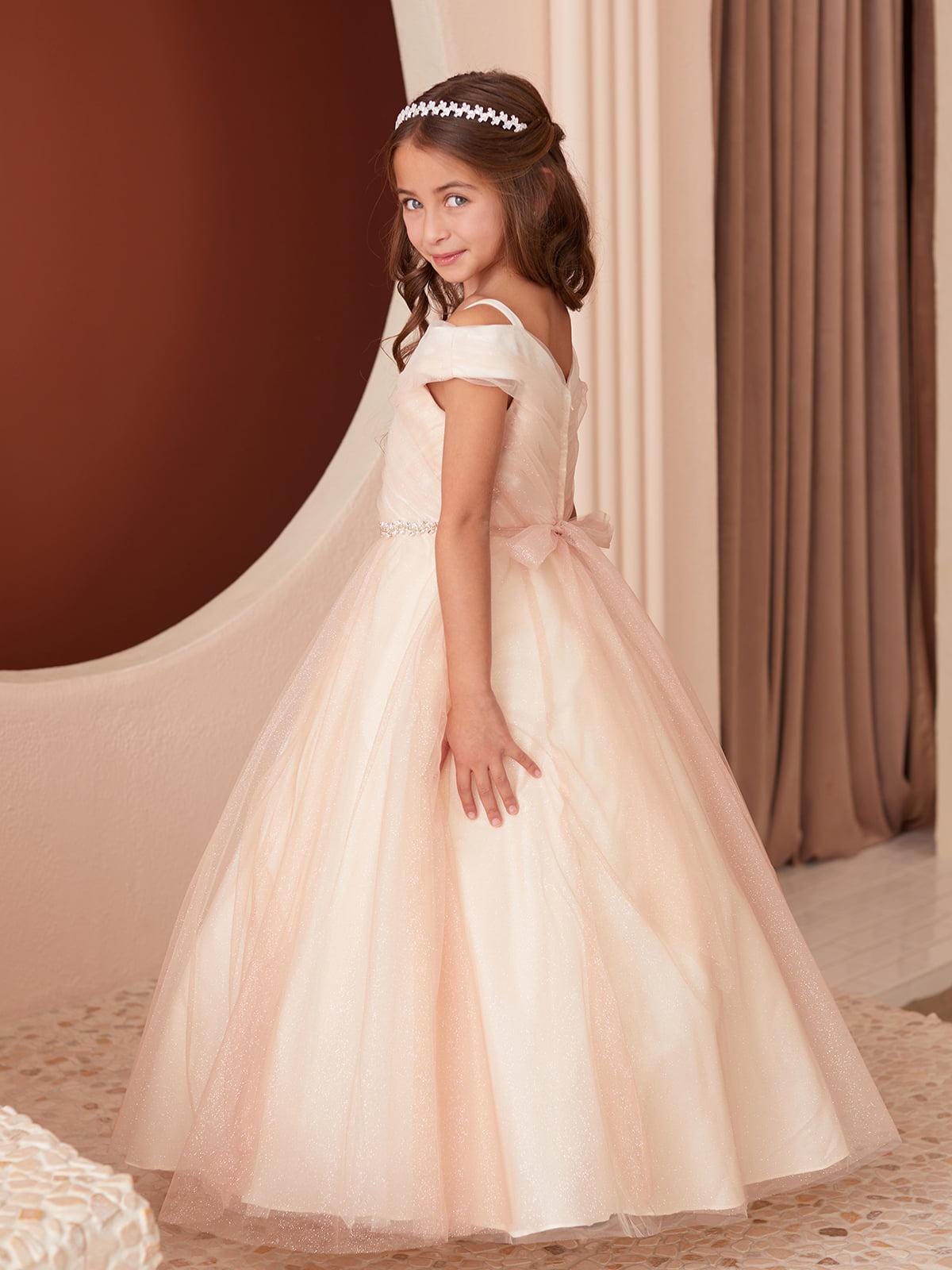 Rose Gold/Champagne Glitter Tulle Ball Gown, Off-the-Shoulder Flower Girl Dress, Rhinestone Waist