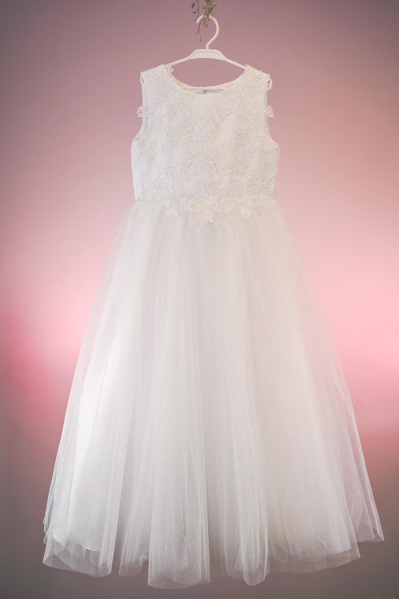 Danica Style - White Flower Girl / First Communion Dress: Lace Embroidery, Glitter Tulle Gown