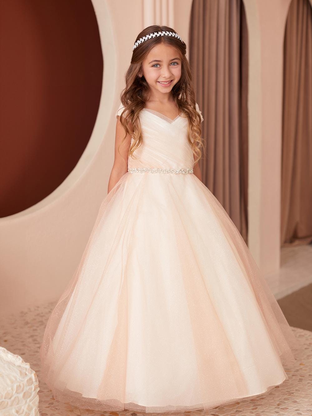 Rose Gold/Champagne Glitter Tulle Ball Gown, Off-the-Shoulder Flower Girl Dress, Rhinestone Waist