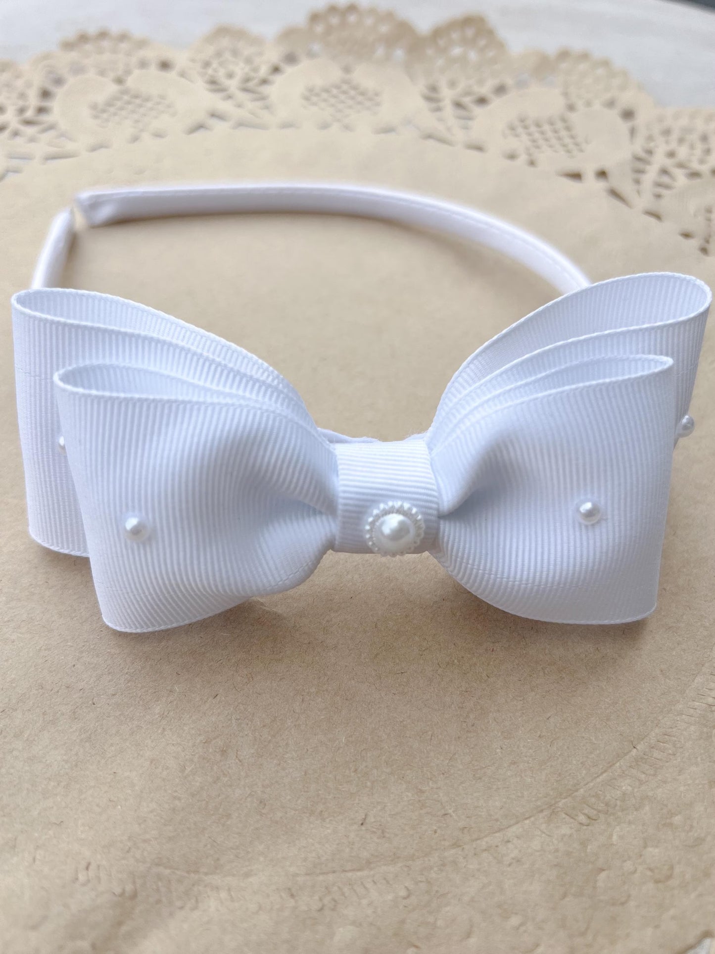 White Pearl Bow Headband, Grosgrain & Satin Ribbon, Communion Flower Girl