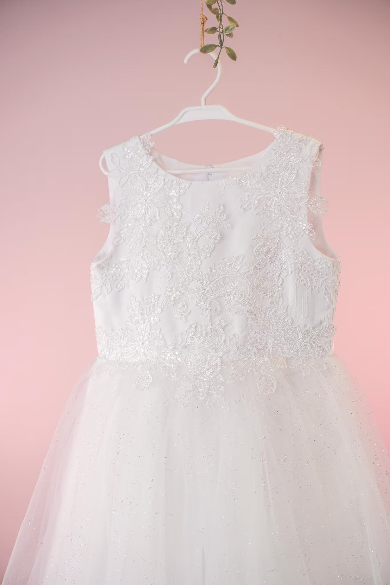 Danica Style - White Flower Girl / First Communion Dress: Lace Embroidery, Glitter Tulle Gown