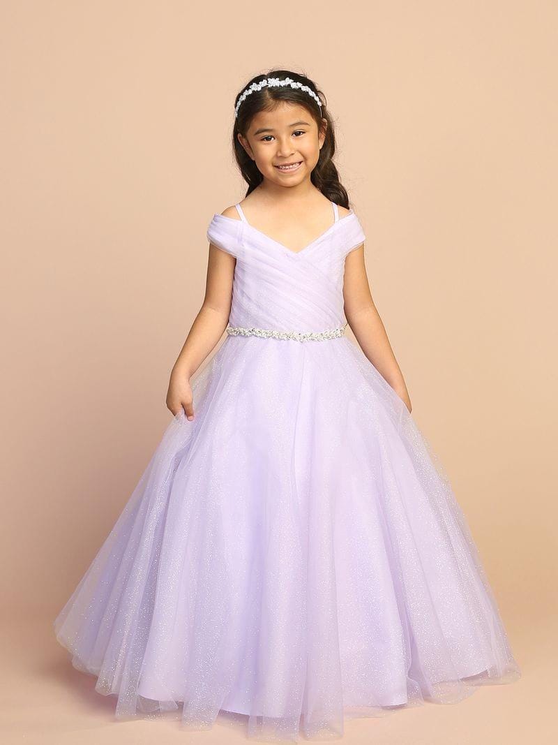 Ivory- Off White Glitter Tulle Ball Gown, Off-the-Shoulder Flower Girl Dress, Rhinestone Waist