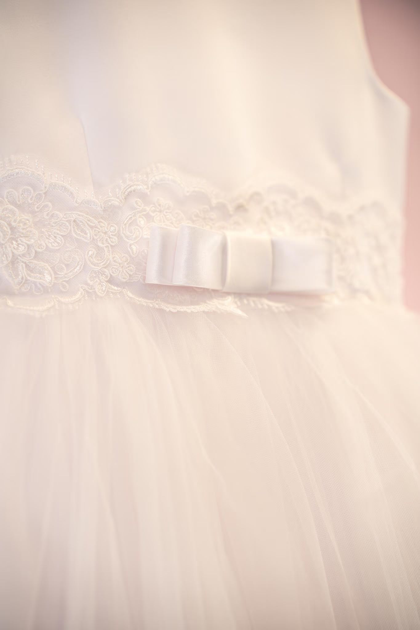 Charlotte Style - White Satin First Communion Dress: Lace Embroidery & Tulle Flower Girl Gown