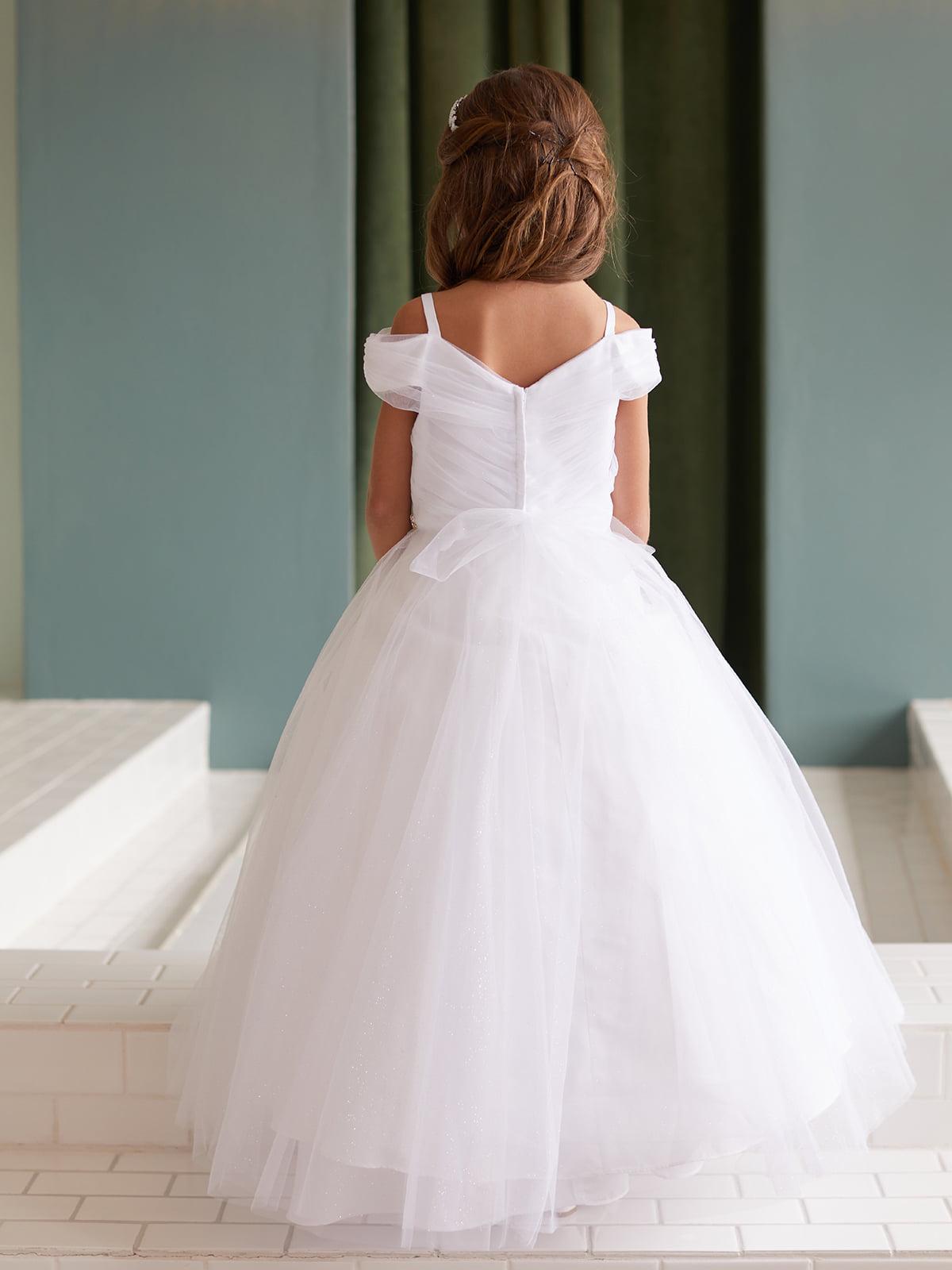White Glitter Tulle Ball Gown, Off-the-Shoulder Flower Girl Dress, Rhinestone Waist