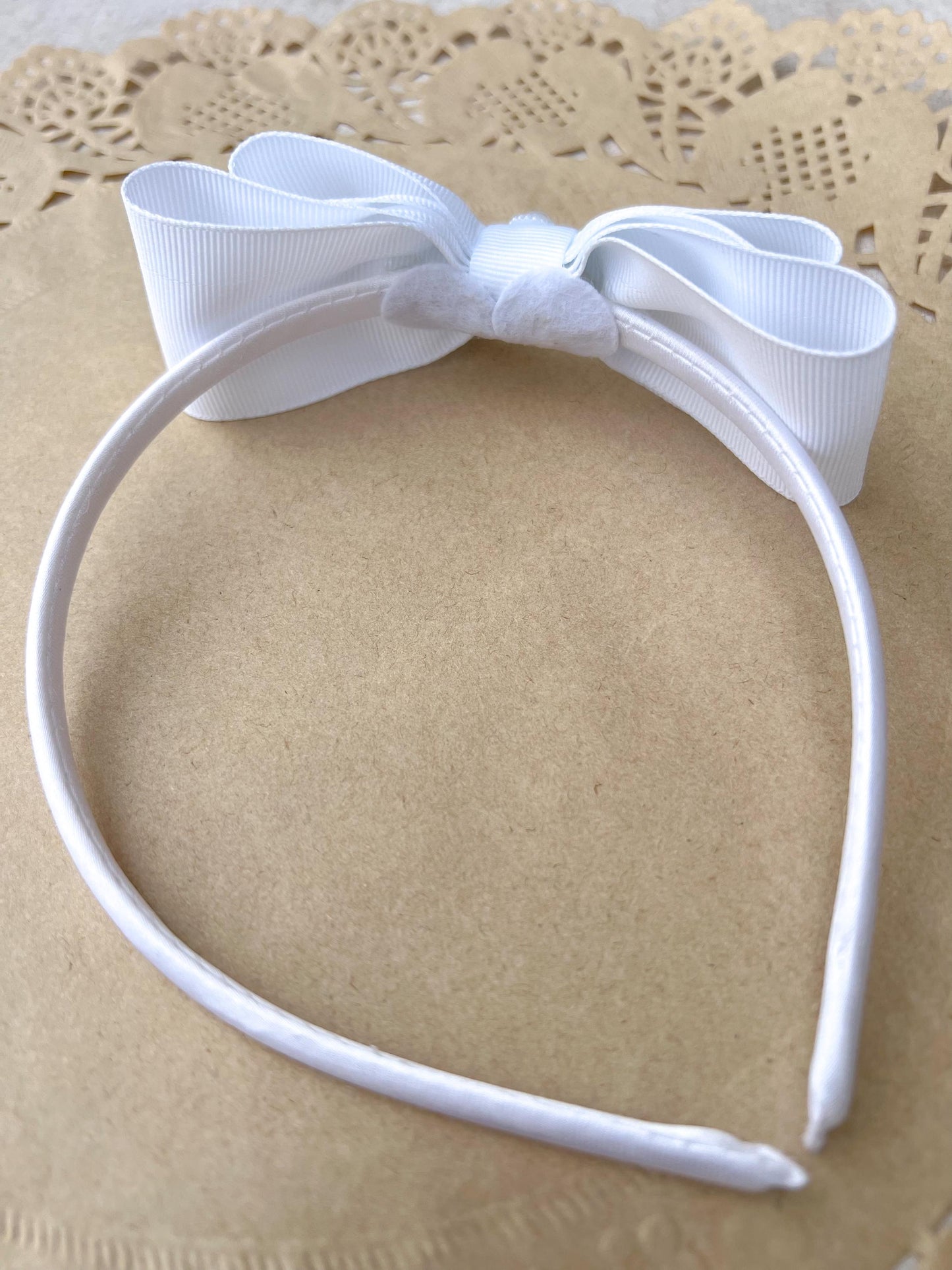 White Pearl Bow Headband, Grosgrain & Satin Ribbon, Communion Flower Girl