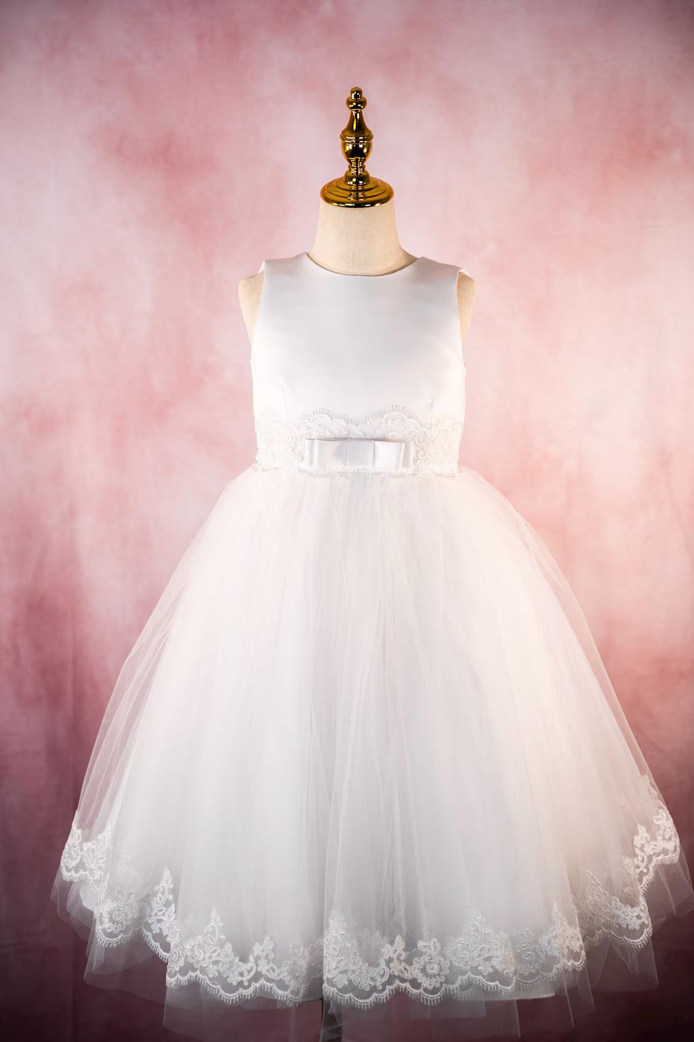 Charlotte Style - White Satin First Communion Dress: Lace Embroidery & Tulle Flower Girl Gown
