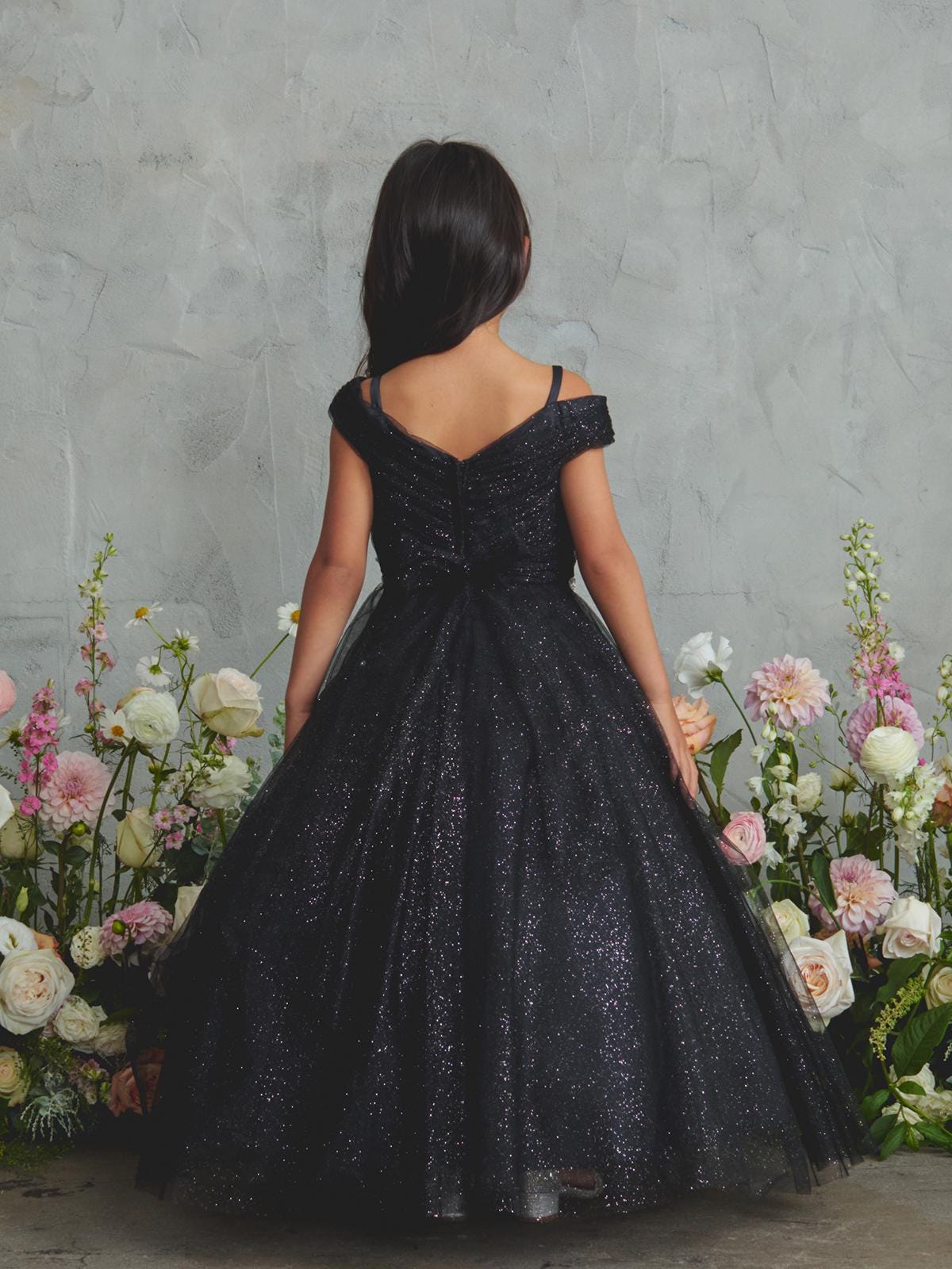 Black Glitter Tulle Ball Gown, Off-the-Shoulder Flower Girl Dress, Rhinestone Waist