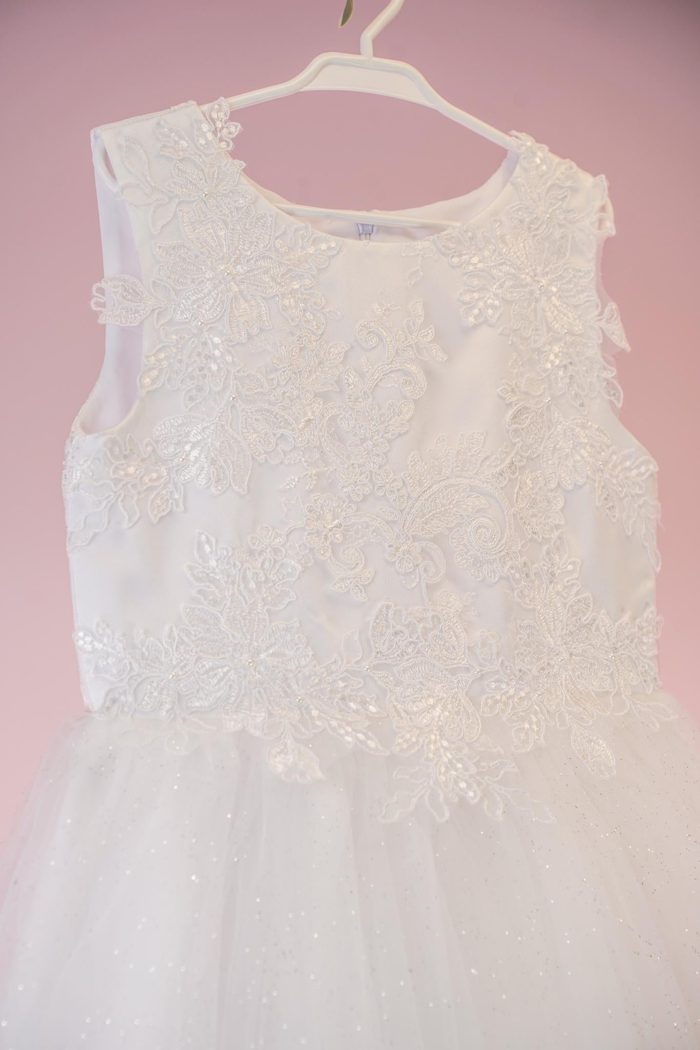 Danica Style - White Flower Girl / First Communion Dress: Lace Embroidery, Glitter Tulle Gown