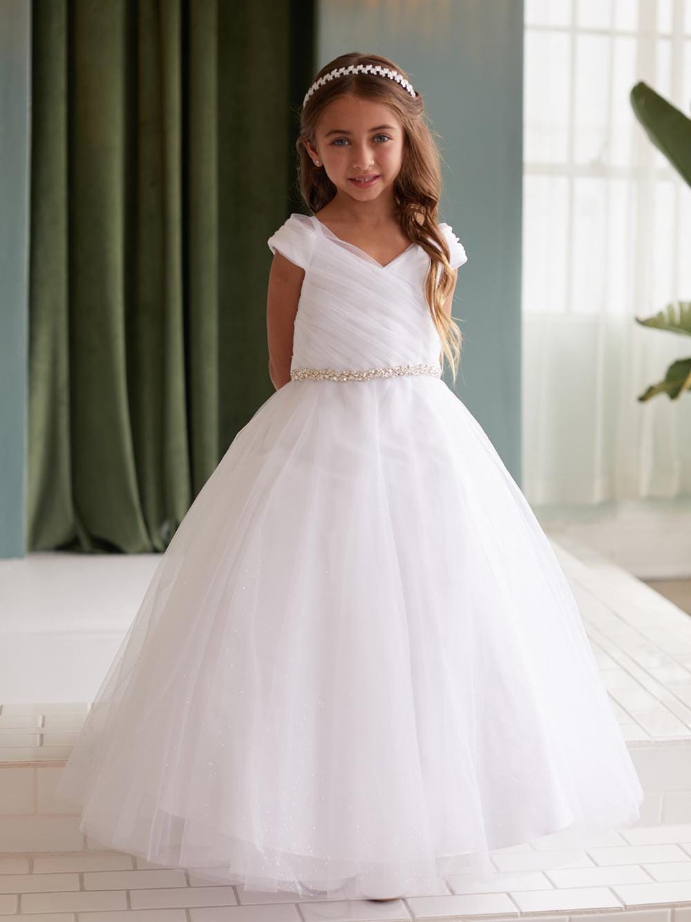 White Glitter Tulle Ball Gown, Off-the-Shoulder Flower Girl Dress, Rhinestone Waist