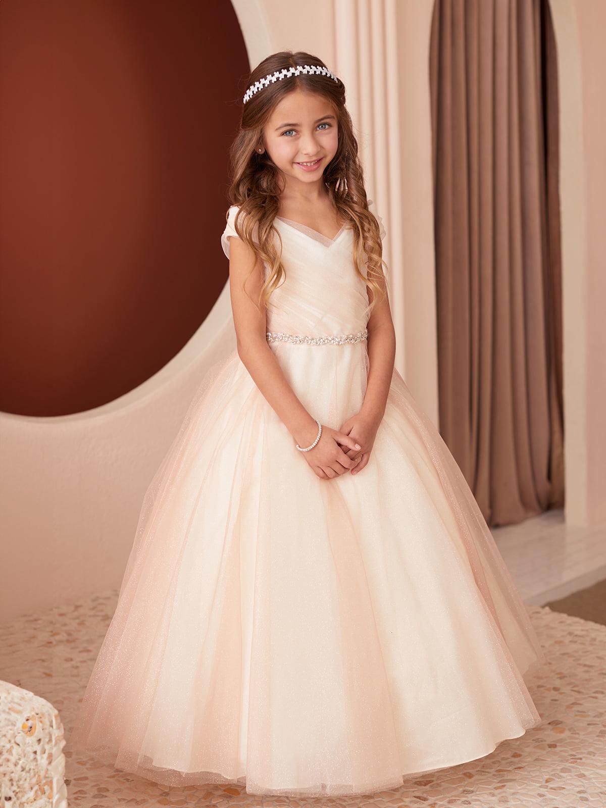 Rose Gold/Champagne Glitter Tulle Ball Gown, Off-the-Shoulder Flower Girl Dress, Rhinestone Waist