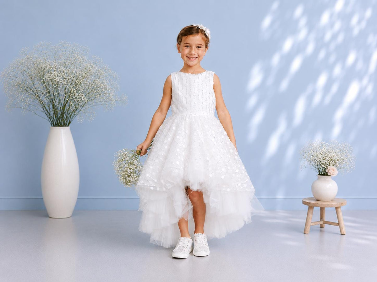 Champagne Flower Girl Dress, Chloe High Low Tulle Gown, Junior Bridesmaid for Girls