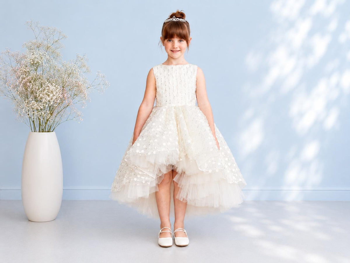 Blush Flower Girl Dress, Chloe High Low Tulle Gown, Junior Bridesmaid for Girls