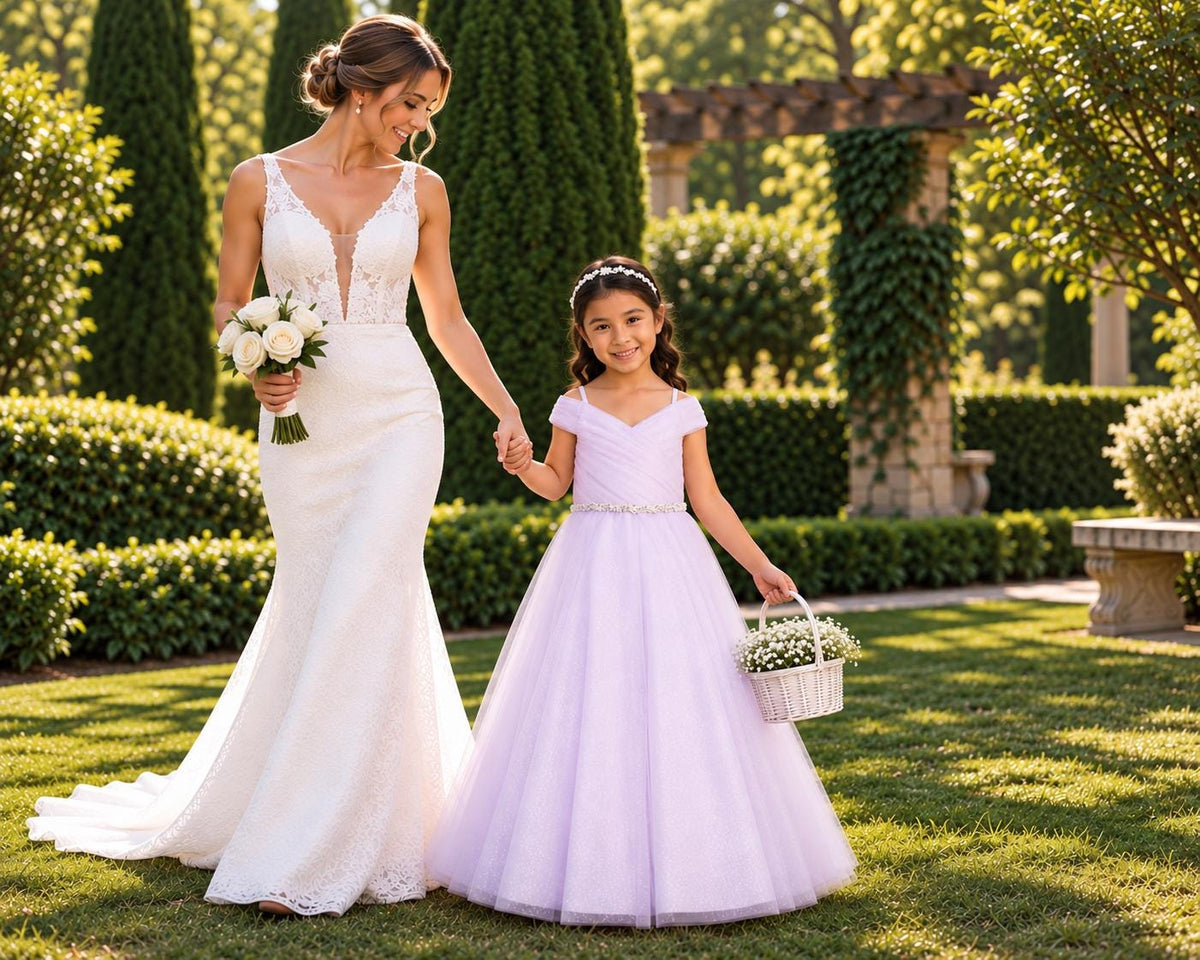 Lilac Glitter Tulle Ball Gown, Off-the-Shoulder Flower Girl Dress, Rhinestone Waist