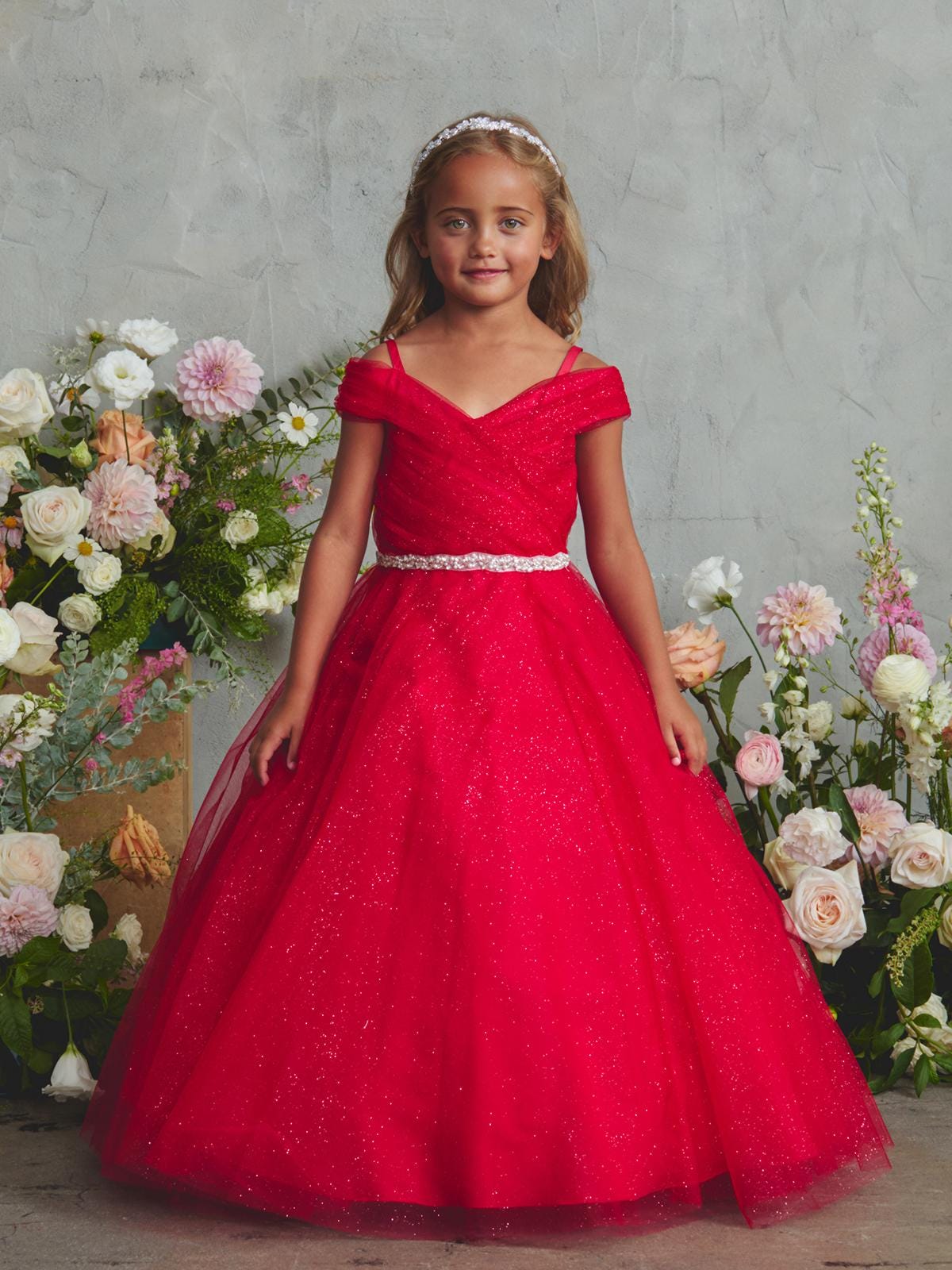 Red Glitter Tulle Ball Gown, Off-the-Shoulder Flower Girl Dress, Rhinestone Waist