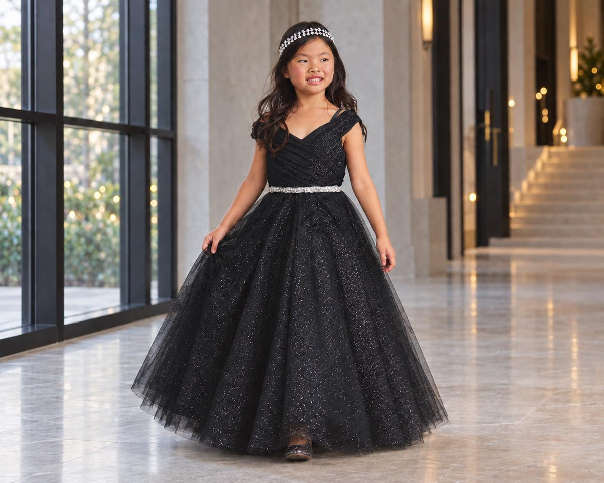 Black Glitter Tulle Ball Gown, Off-the-Shoulder Flower Girl Dress, Rhinestone Waist