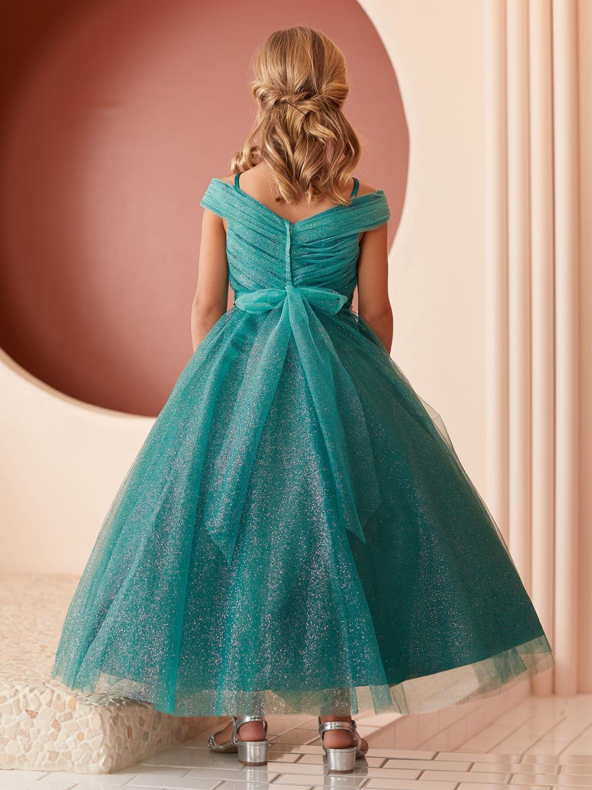 Emerald Glitter Tulle Ball Gown, Off-the-Shoulder Flower Girl Dress, Rhinestone Waist