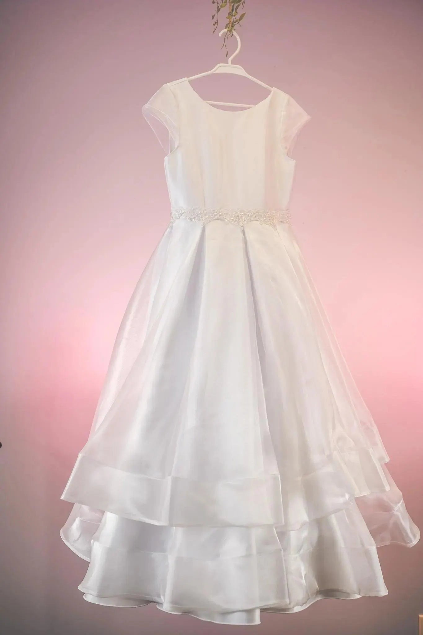 Kasia Style - Elegant White Satin Flower Girl /First Communion Dress: Lace & Organza Gown